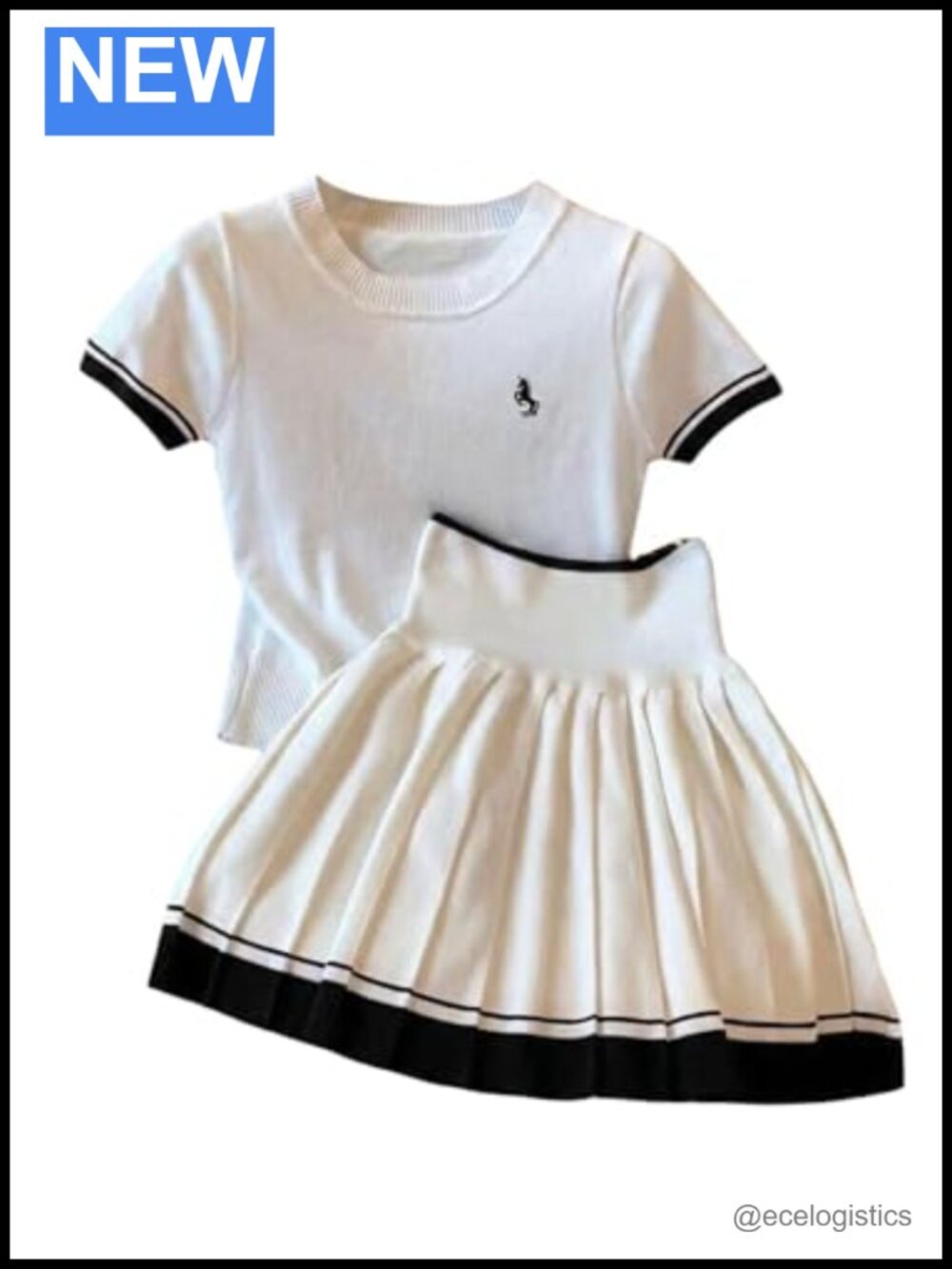 Knit 2 Piece Outfit Short Sleeve Top Pleated Mini Skirt Set